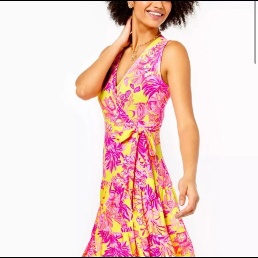 Lily Pulitzer calla yellow floral coral Folly wrap dress in small.